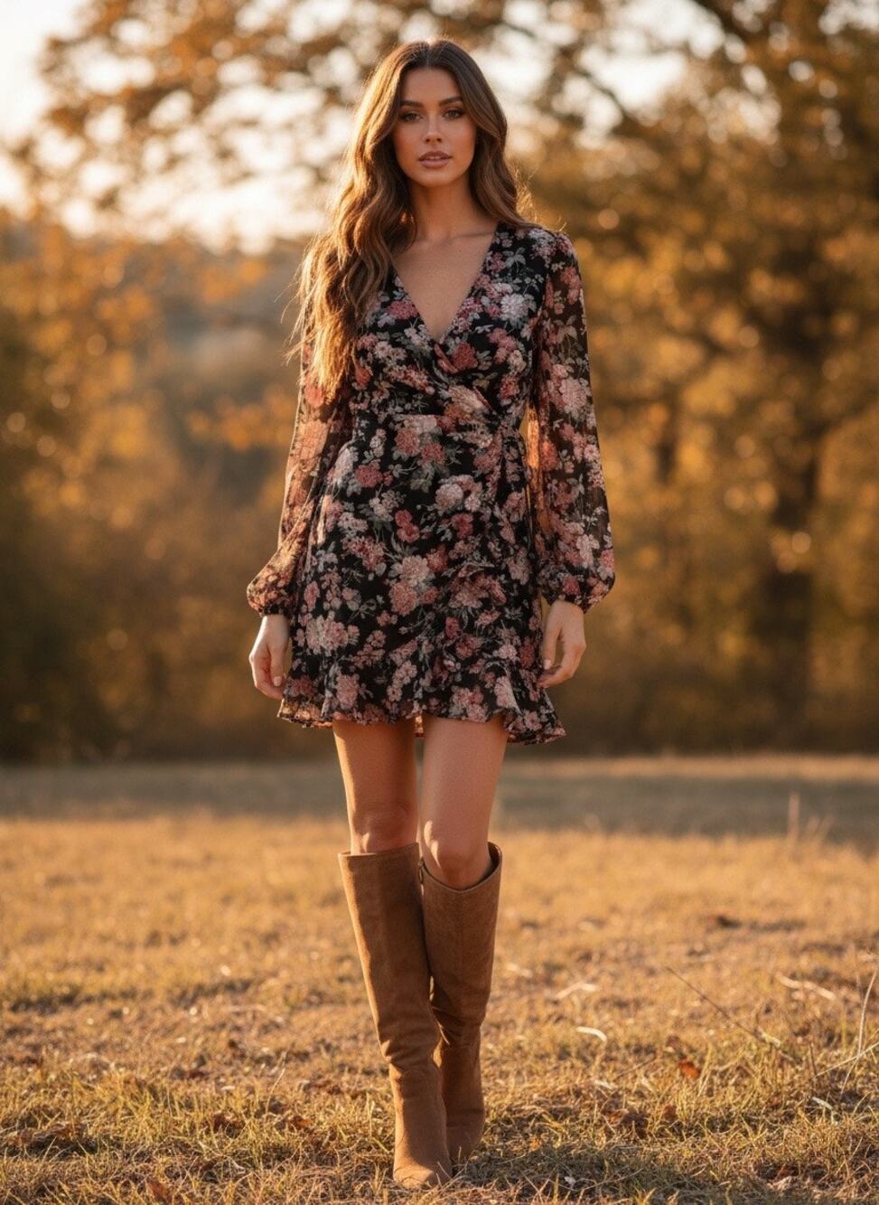 Floral Ruffle Wrap‑Style Dress